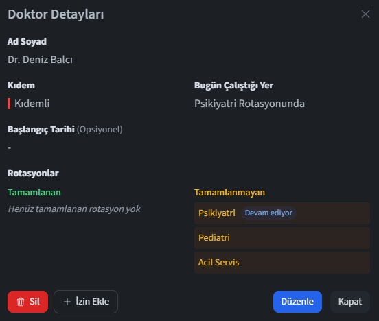 Doktor detayları penceresi: kıdem, bugün çalıştığı yer, tamamlanan ve tamamlanmayan rotasyonlar