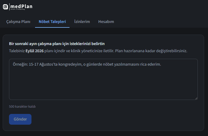 Doktor hesabındaki nöbet talebi ekranı: gelecek ayın planı için serbest metin alanı