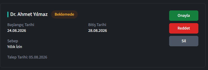 Bekleyen izin talebi kartı: tarih aralığı, izin türü ve onayla/reddet düğmeleri