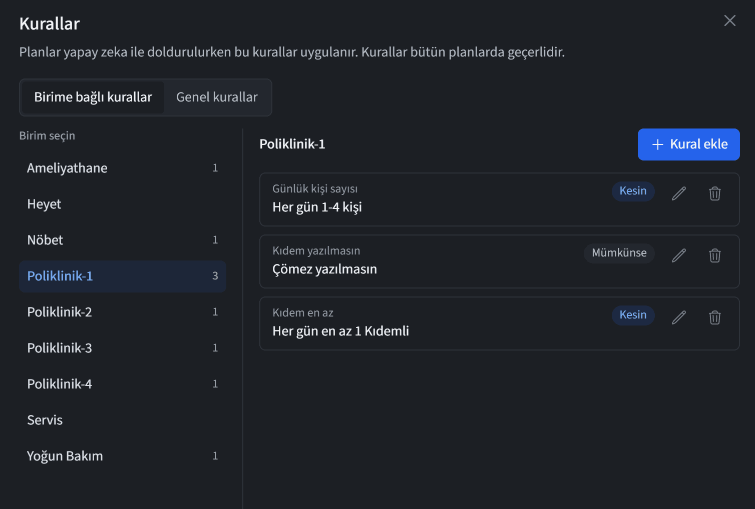Kurallar penceresi: birim listesi ve seçilen birimin kuralları (günlük kişi sayısı, kıdem şartları), kesin ya da mümkünse